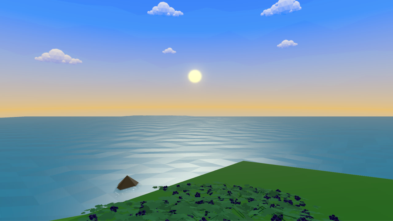 Screenshot z gry VR w stylu low-poly przedstawiający porośnięty trawą i winoroślą brzeg morza oraz słoneczne niebo.